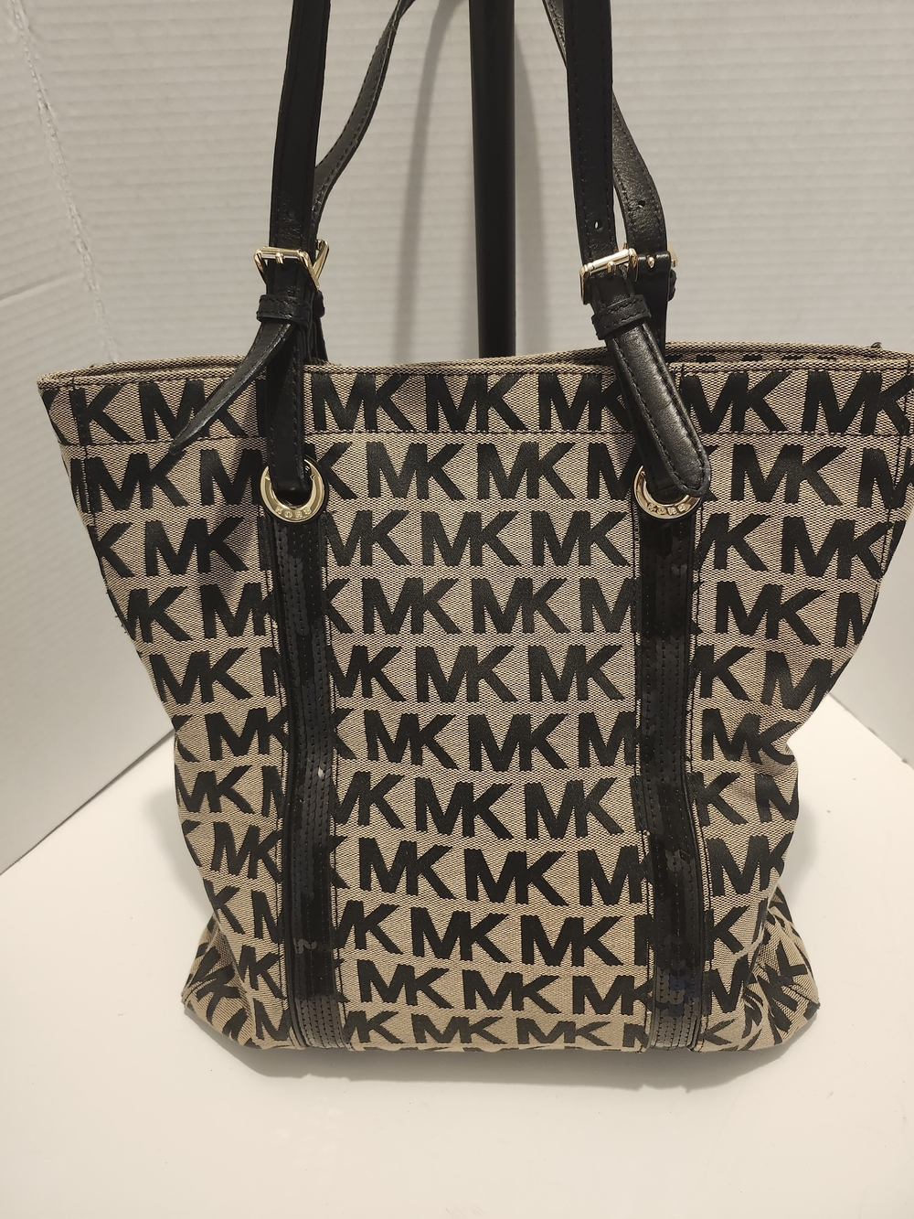 Michael Kors Black & Beige MK Logo Canvas Tote